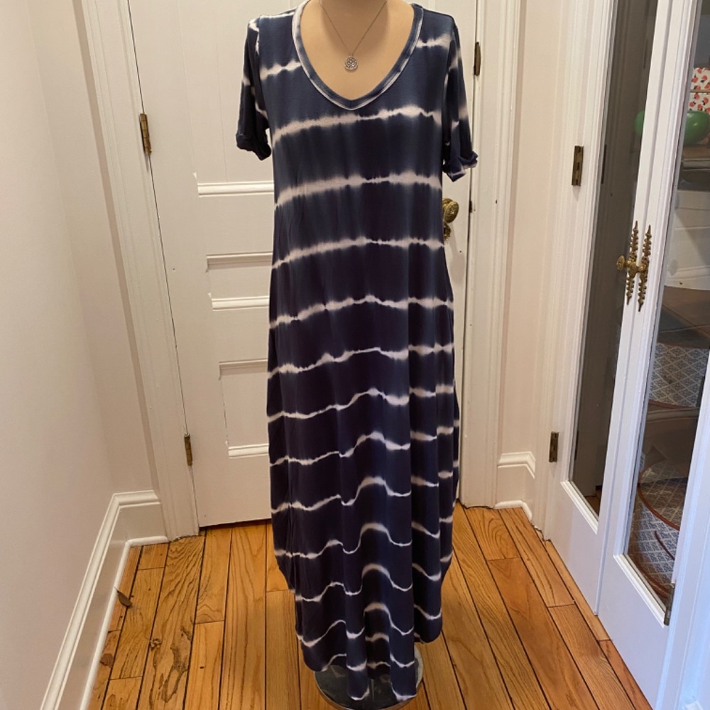 Miracle Berry‎ Navy White Tie Dye Maxi Dress V Neck Short Sleeve Casual Flowy